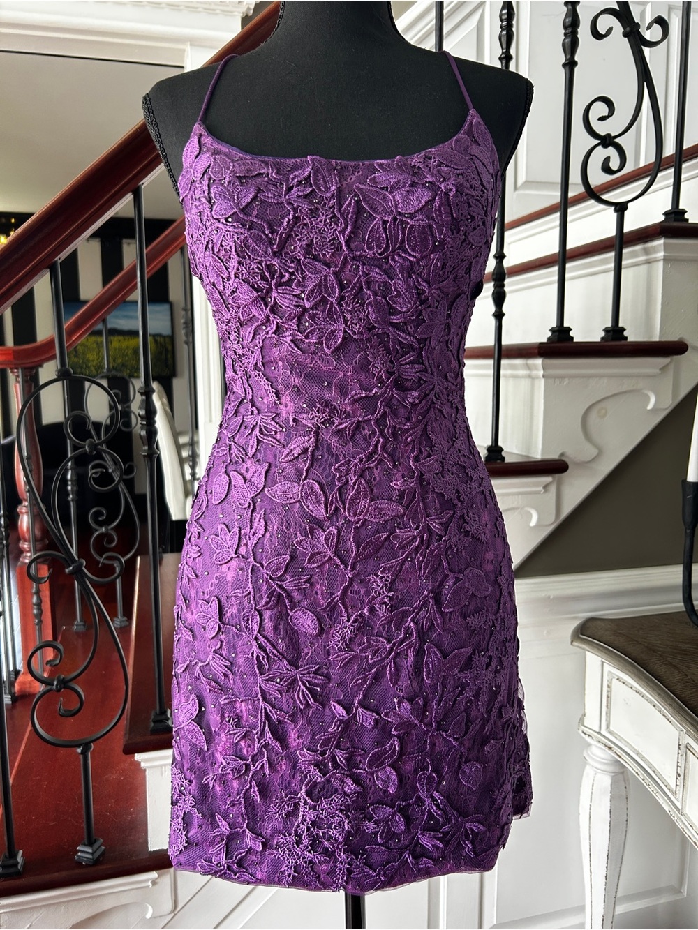 Purple Floral Lace Mini Dress with Strappy Open Back | Size 8 / M